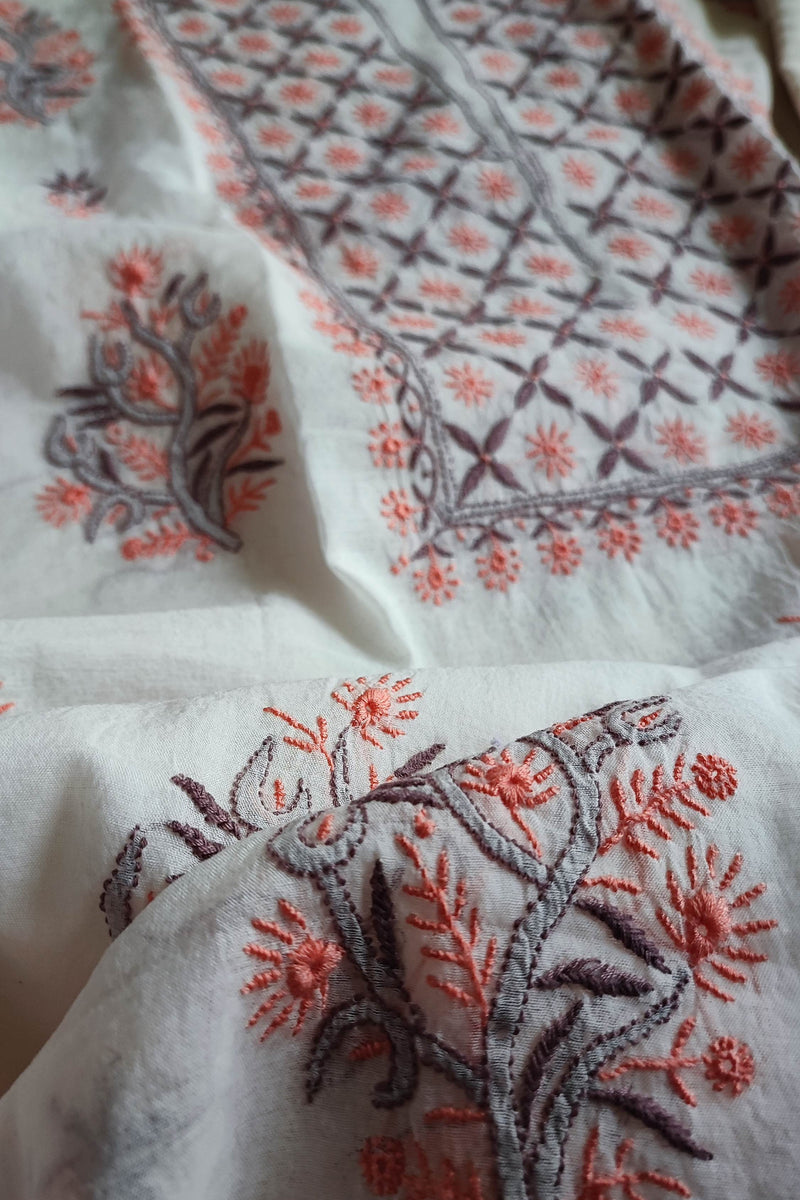 White Chanderi Silk Lucknowi Chikankari Suit Material with Cotton Bottom & Dupatta (Peach & Grey Embroidery)