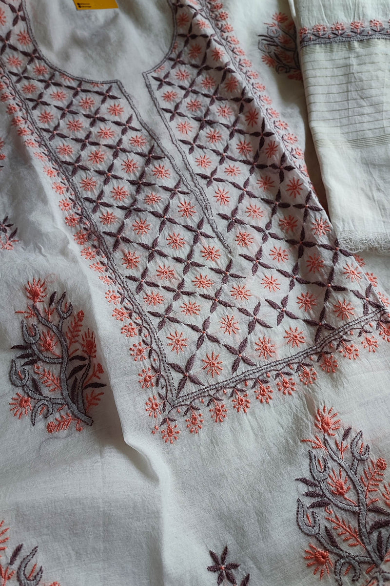 White Chanderi Silk Lucknowi Chikankari Suit Material with Cotton Bottom & Dupatta (Peach & Grey Embroidery)