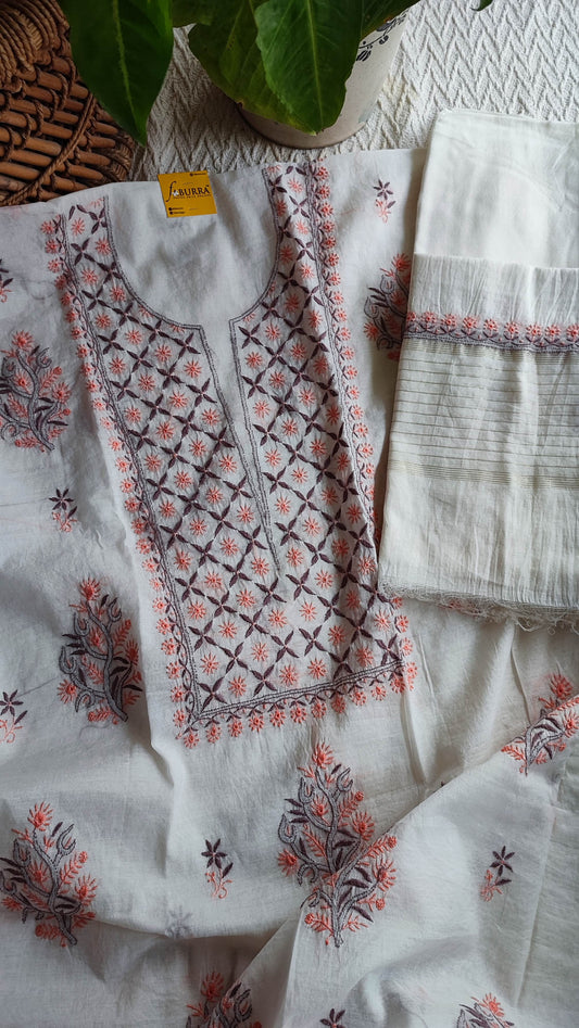 White Chanderi Silk Lucknowi Chikankari Suit Material with Cotton Bottom & Dupatta (Peach & Grey Embroidery)