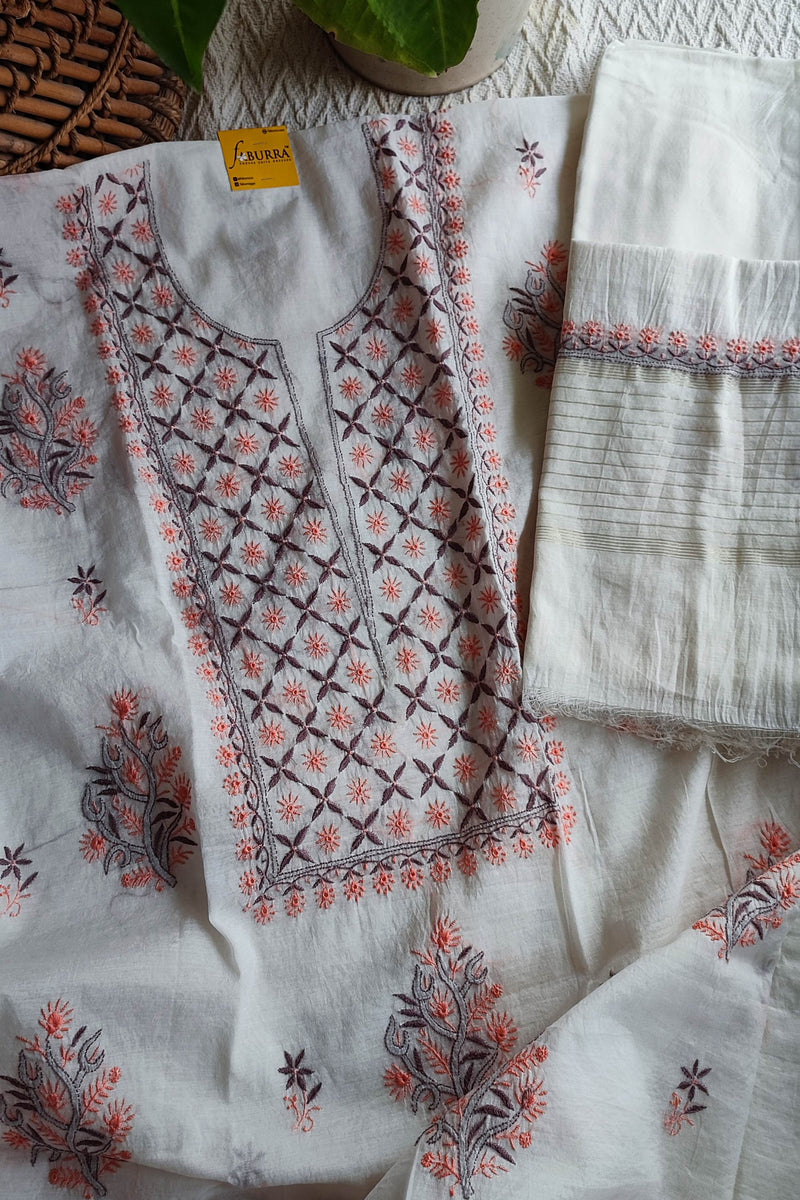 White Chanderi Silk Lucknowi Chikankari Suit Material with Cotton Bottom & Dupatta (Peach & Grey Embroidery)