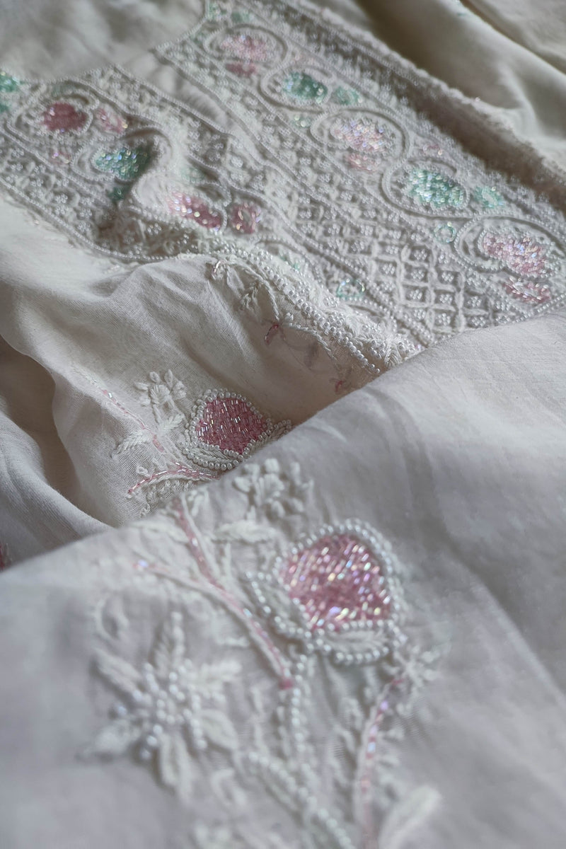 White Chanderi Silk Lucknowi Chikankari Suit Material with Cotton Bottom & Dupatta (Pastel Pink & Mint Work)