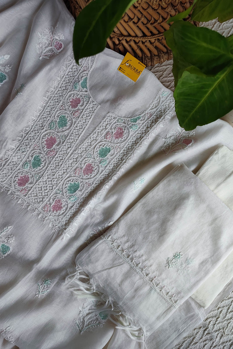 White Chanderi Silk Lucknowi Chikankari Suit Material with Cotton Bottom & Dupatta (Pastel Pink & Mint Work)