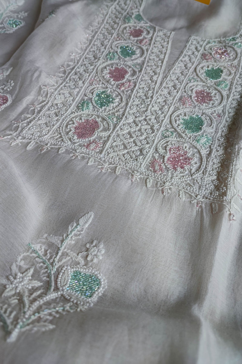 White Chanderi Silk Lucknowi Chikankari Suit Material with Cotton Bottom & Dupatta (Pastel Pink & Mint Work)