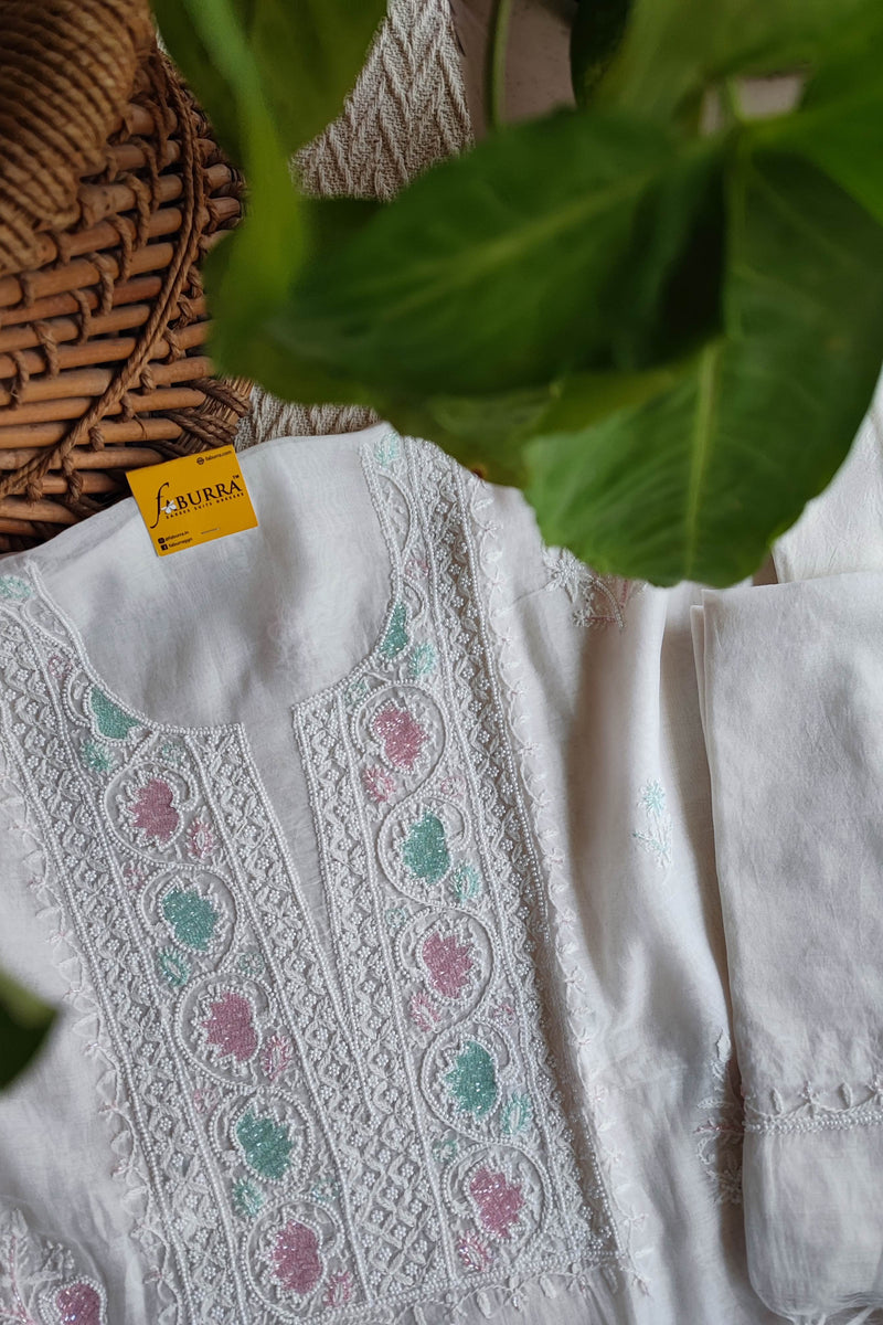 White Chanderi Silk Lucknowi Chikankari Suit Material with Cotton Bottom & Dupatta (Pastel Pink & Mint Work)