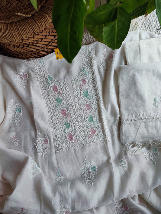 White Chanderi Silk Lucknowi Chikankari Suit Material with Cotton Bottom & Dupatta (Pastel Pink & Mint Work)