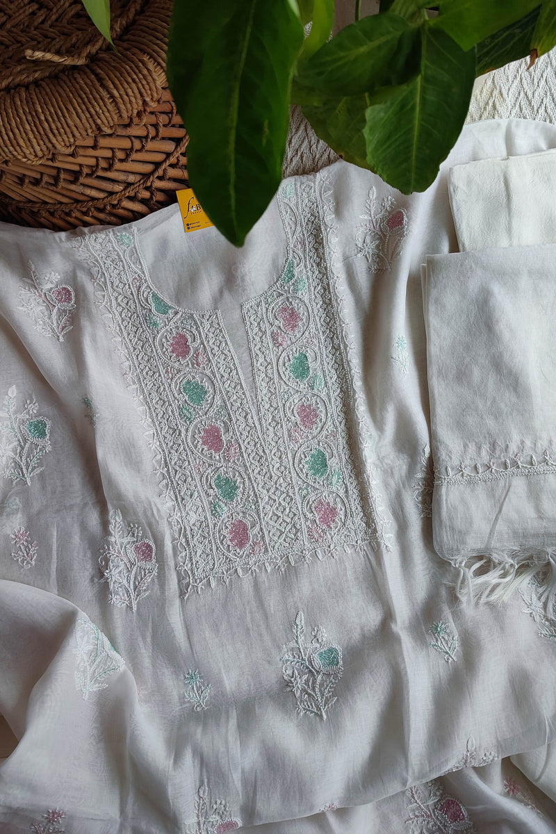 White Chanderi Silk Lucknowi Chikankari Suit Material with Cotton Bottom & Dupatta (Pastel Pink & Mint Work)
