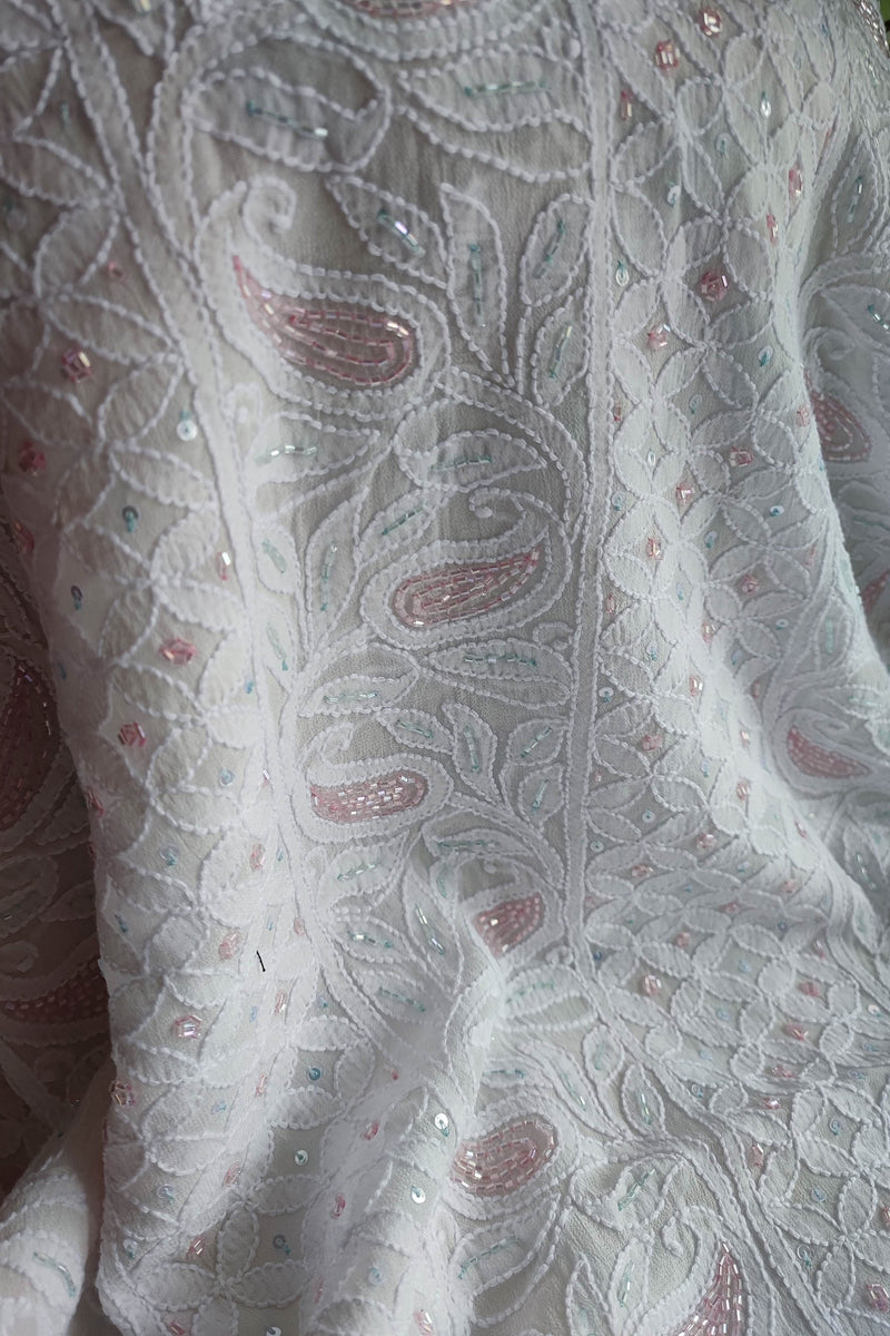 White Georgette Lucknowi Suit Material with Cutdana Work & Dupatta