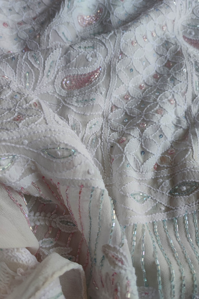 White Georgette Lucknowi Suit Material with Cutdana Work & Dupatta