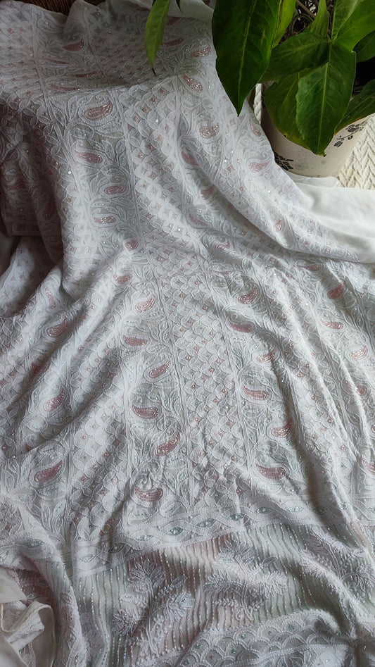 White Georgette Lucknowi Suit Material with Cutdana Work & Dupatta