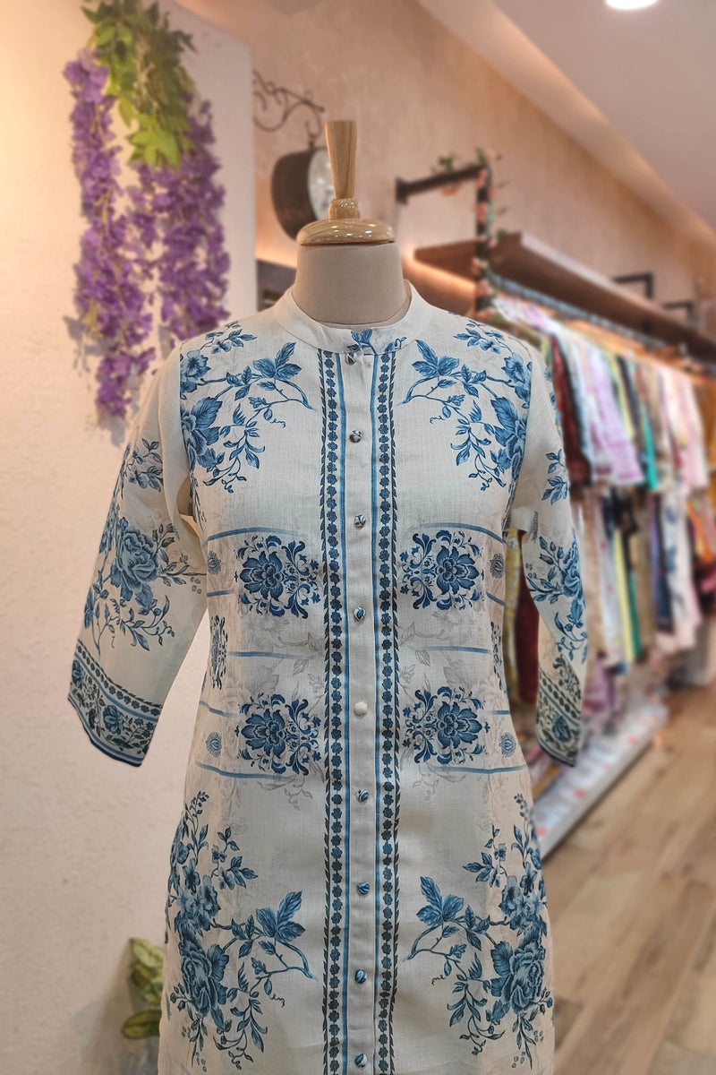 Off White & Blue Floral Printed Linen Cotton Kurta Pant Set for Women | Premium Ethnic Office Wear