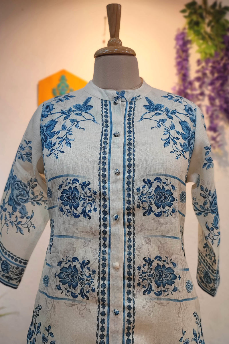 Off White & Blue Floral Printed Linen Cotton Kurta Pant Set for Women | Premium Ethnic Office Wear