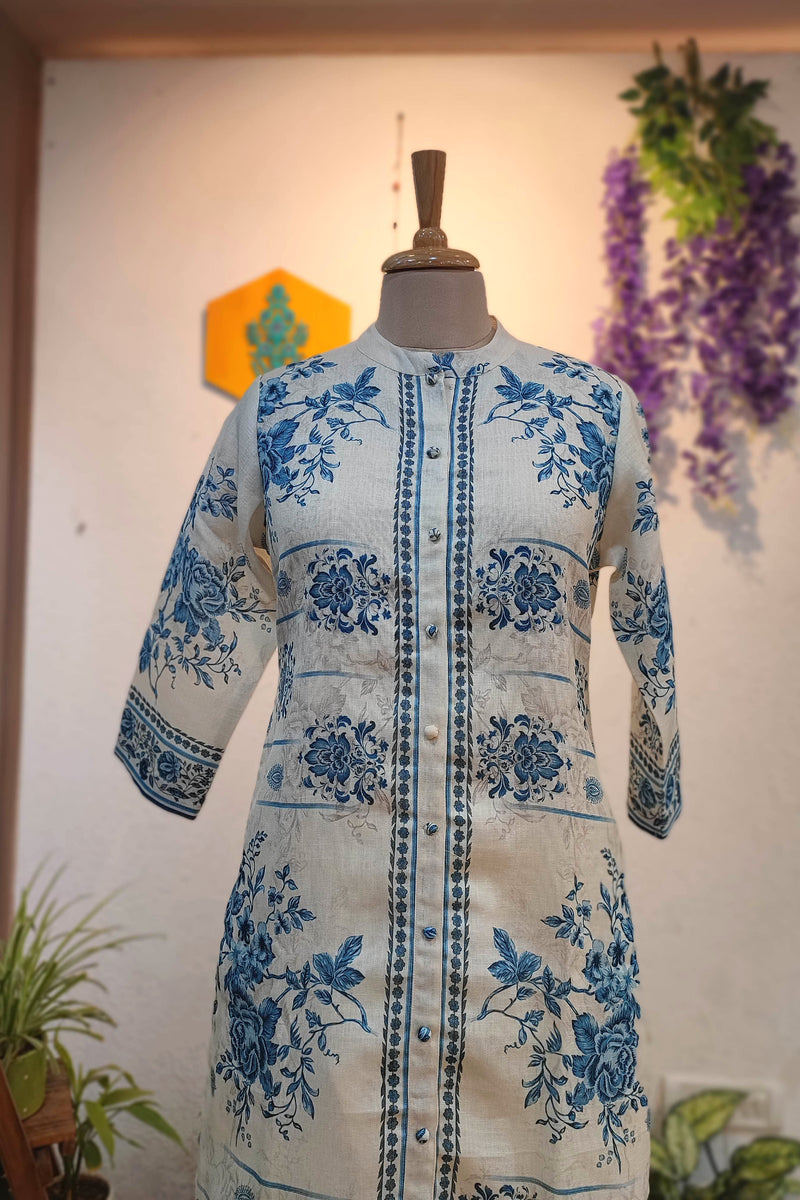 Off White & Blue Floral Printed Linen Cotton Kurta Pant Set for Women | Premium Ethnic Office Wear