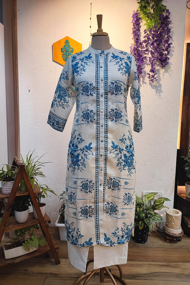 Off White & Blue Floral Printed Linen Cotton Kurta Pant Set for Women | Premium Ethnic Office Wear