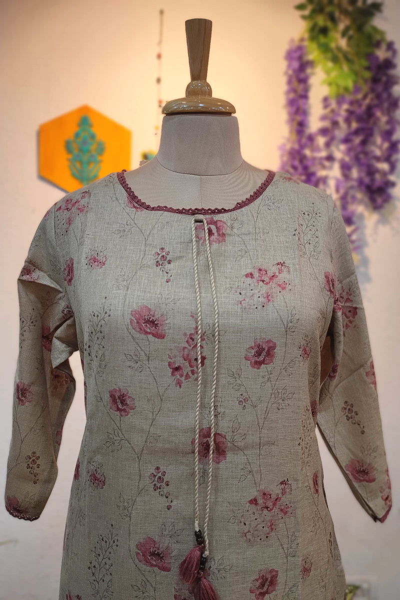 Beige Pink Floral Printed Linen Cotton Kurta Pant Set for Women with Tassel Detail | Elegant Minimal Ethnic Wear