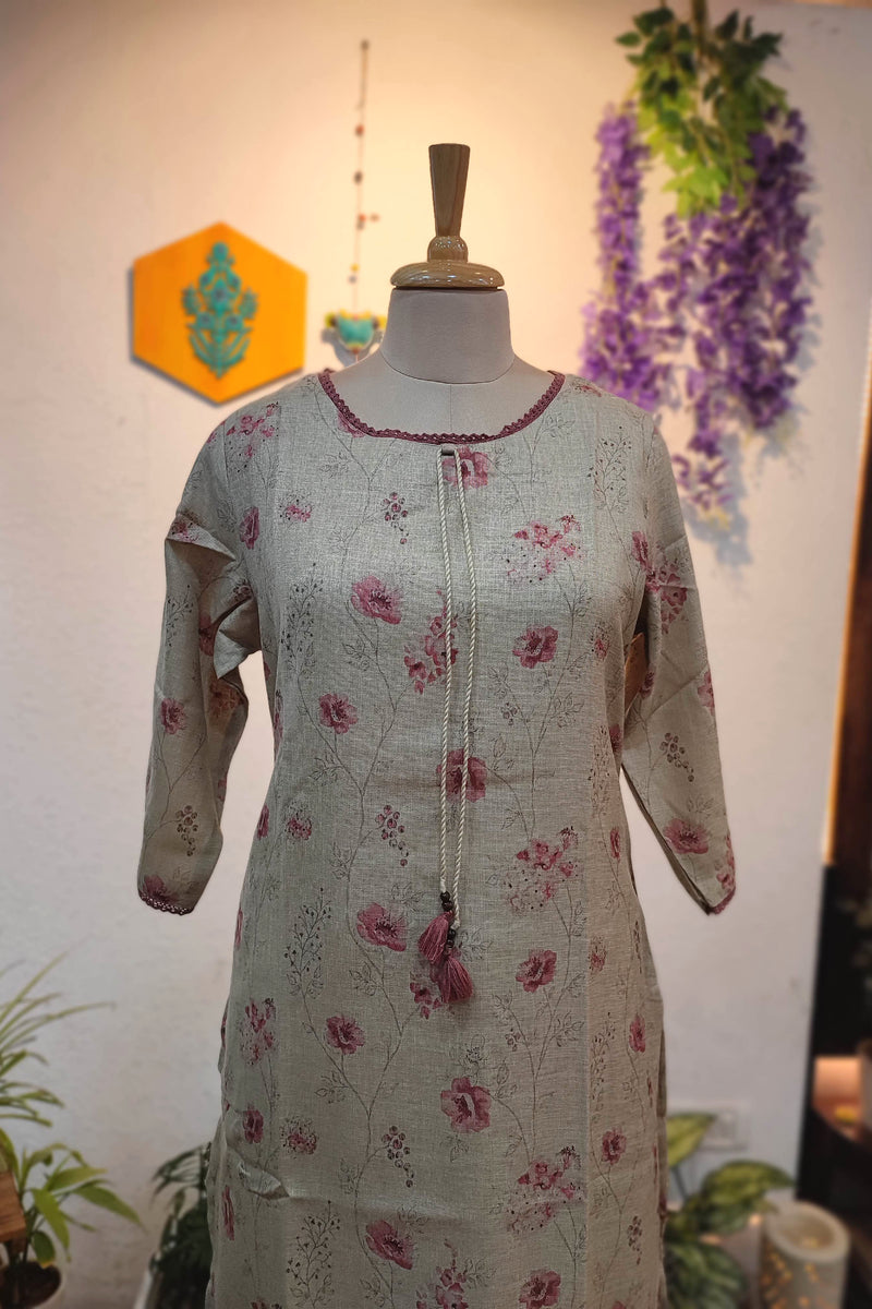 Beige Pink Floral Printed Linen Cotton Kurta Pant Set for Women with Tassel Detail | Elegant Minimal Ethnic Wear