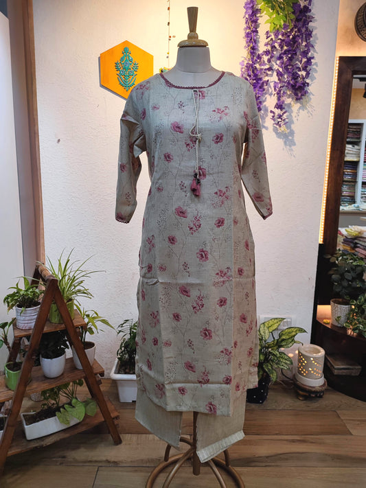 Beige Pink Floral Printed Linen Cotton Kurta Pant Set for Women with Tassel Detail | Elegant Minimal Ethnic Wear
