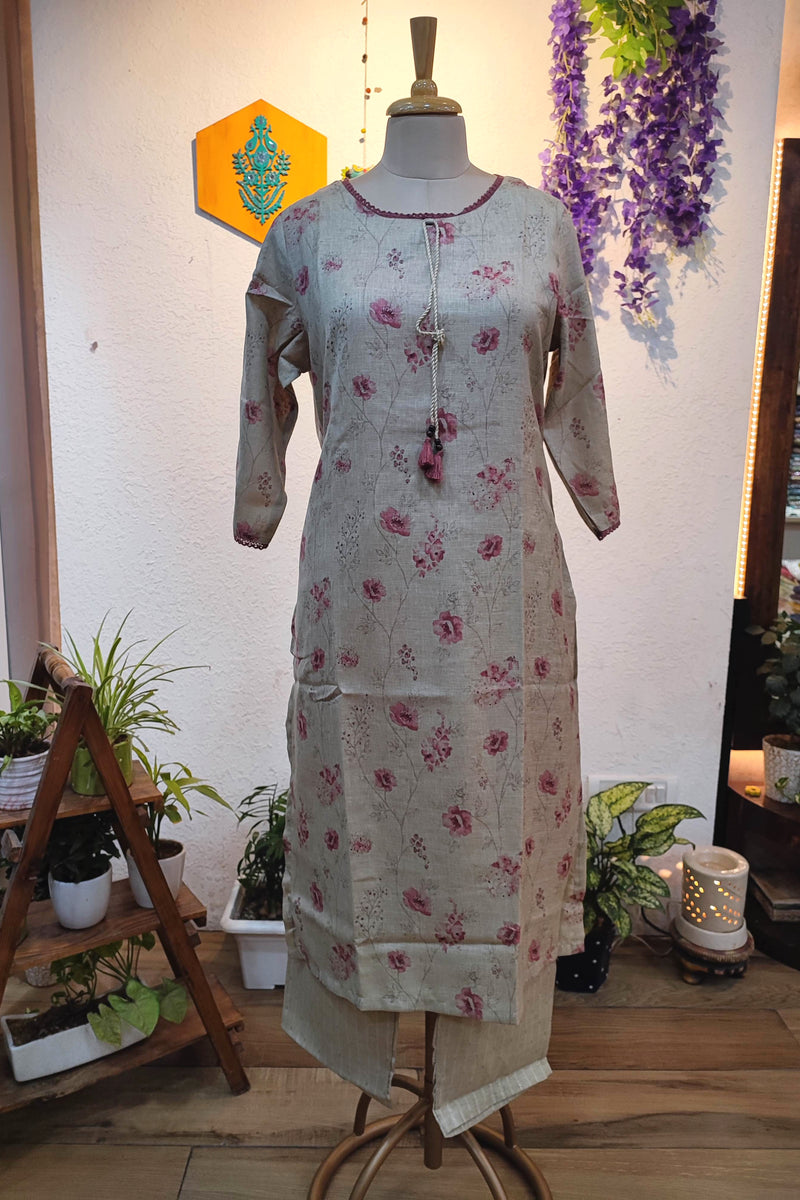 Beige Pink Floral Printed Linen Cotton Kurta Pant Set for Women with Tassel Detail | Elegant Minimal Ethnic Wear