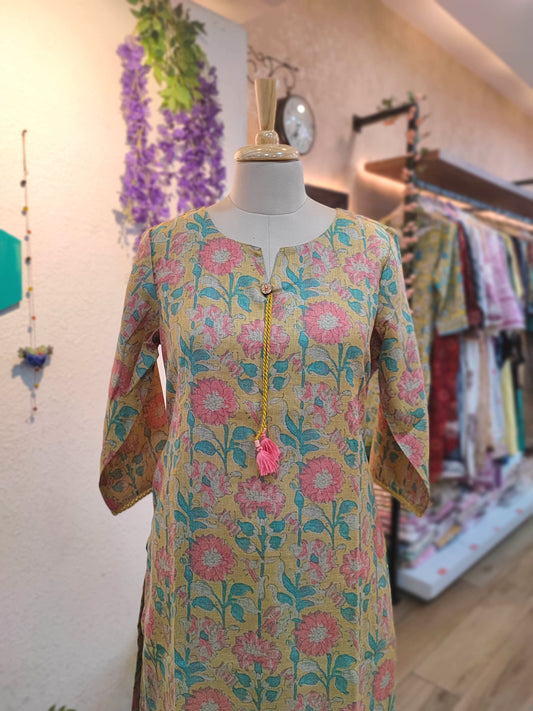 Mustard Floral Printed Linen Cotton Kurta Pant Set for Women with Tassel Detail | Elegant Festive & Daily Wear
