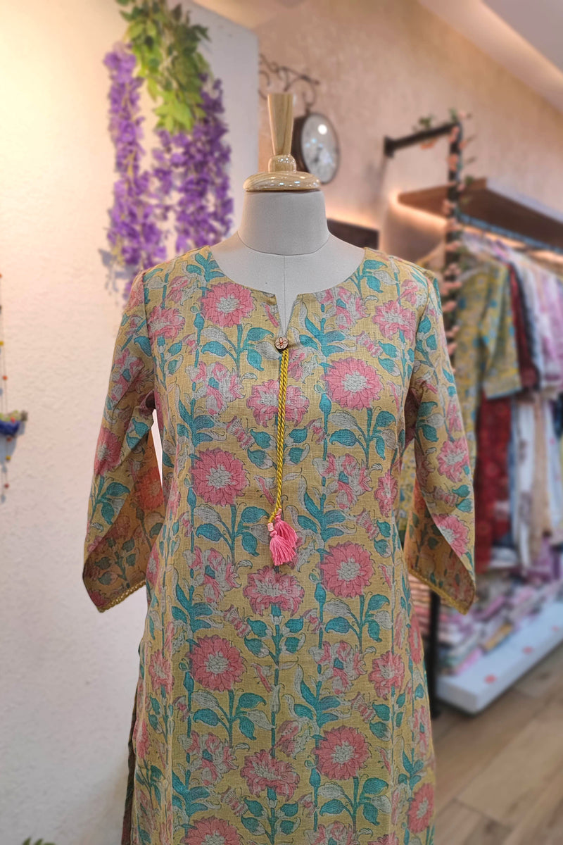 Mustard Floral Printed Linen Cotton Kurta Pant Set for Women with Tassel Detail | Elegant Festive & Daily Wear