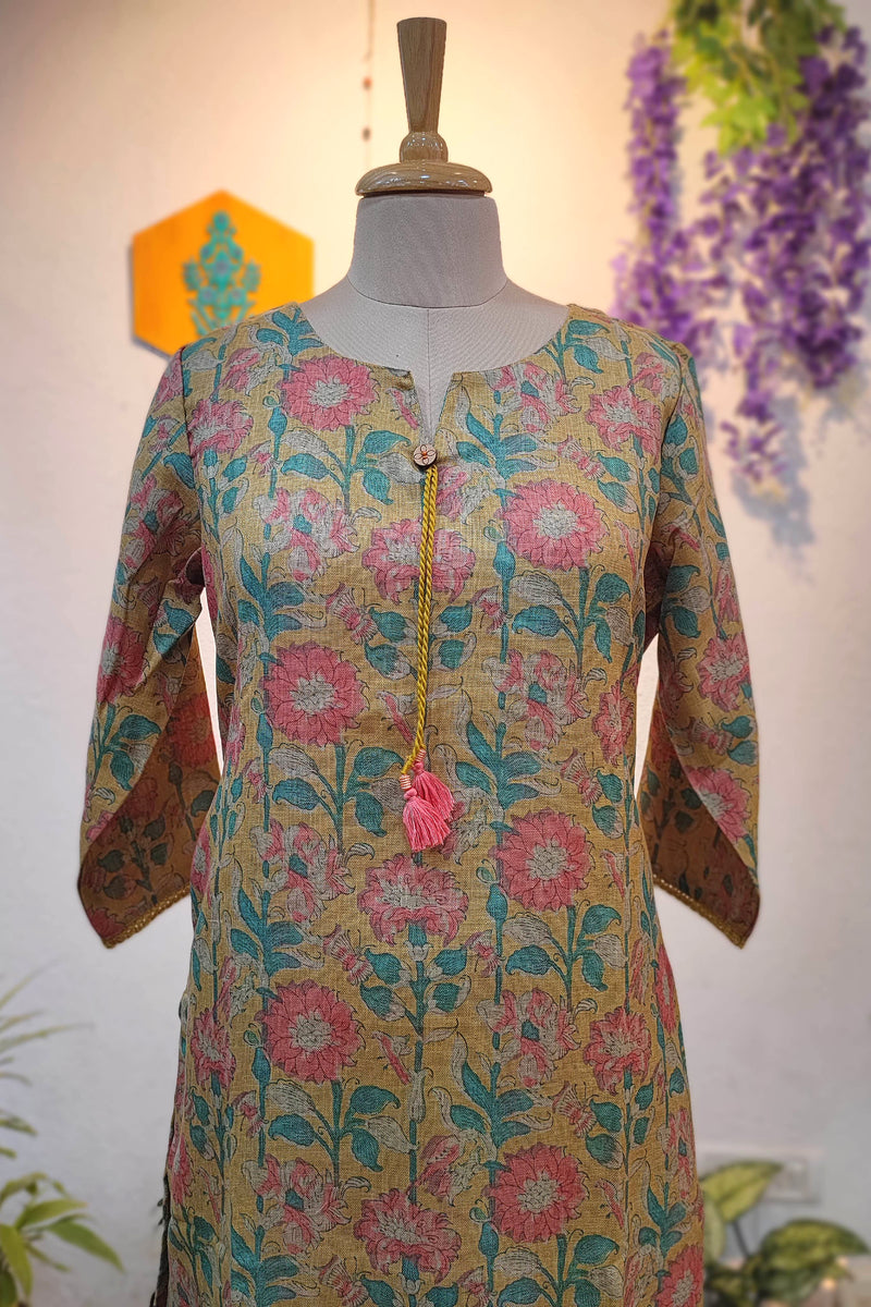 Mustard Floral Printed Linen Cotton Kurta Pant Set for Women with Tassel Detail | Elegant Festive & Daily Wear
