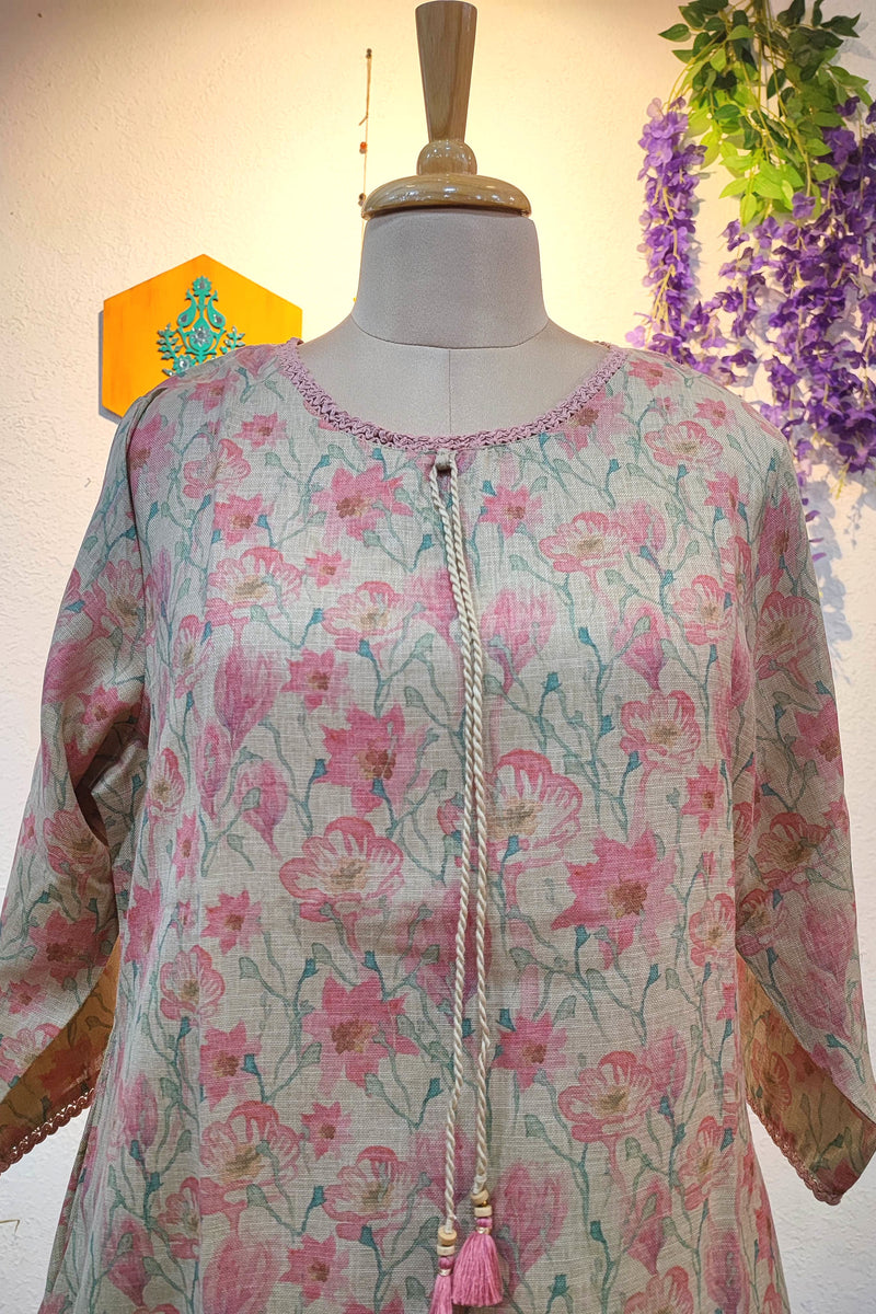 Pastel Pink Floral Printed Linen Cotton Kurta Pant Set for Women with Tassel Detail | Elegant Everyday Ethnic Wear