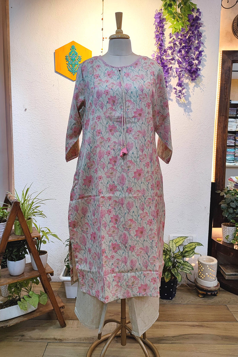Pastel Pink Floral Printed Linen Cotton Kurta Pant Set for Women with Tassel Detail | Elegant Everyday Ethnic Wear
