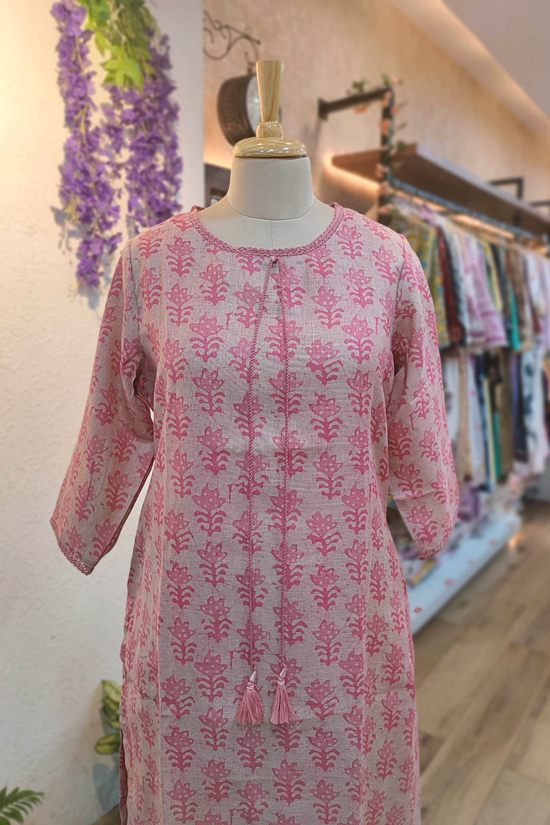 Soft Pink Floral Printed Linen Cotton Kurta Pant Set for Women with Tassel Detail | Elegant Daily Wear