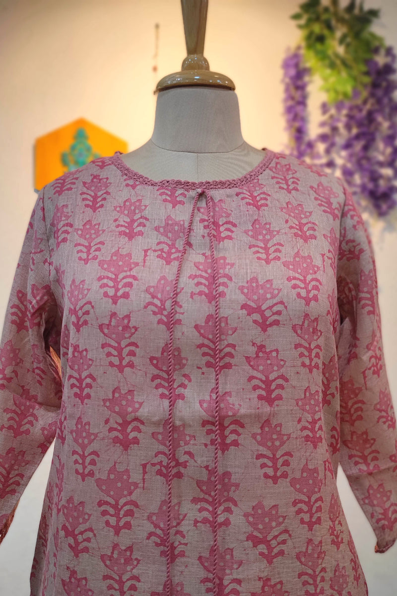 Soft Pink Floral Printed Linen Cotton Kurta Pant Set for Women with Tassel Detail | Elegant Daily Wear