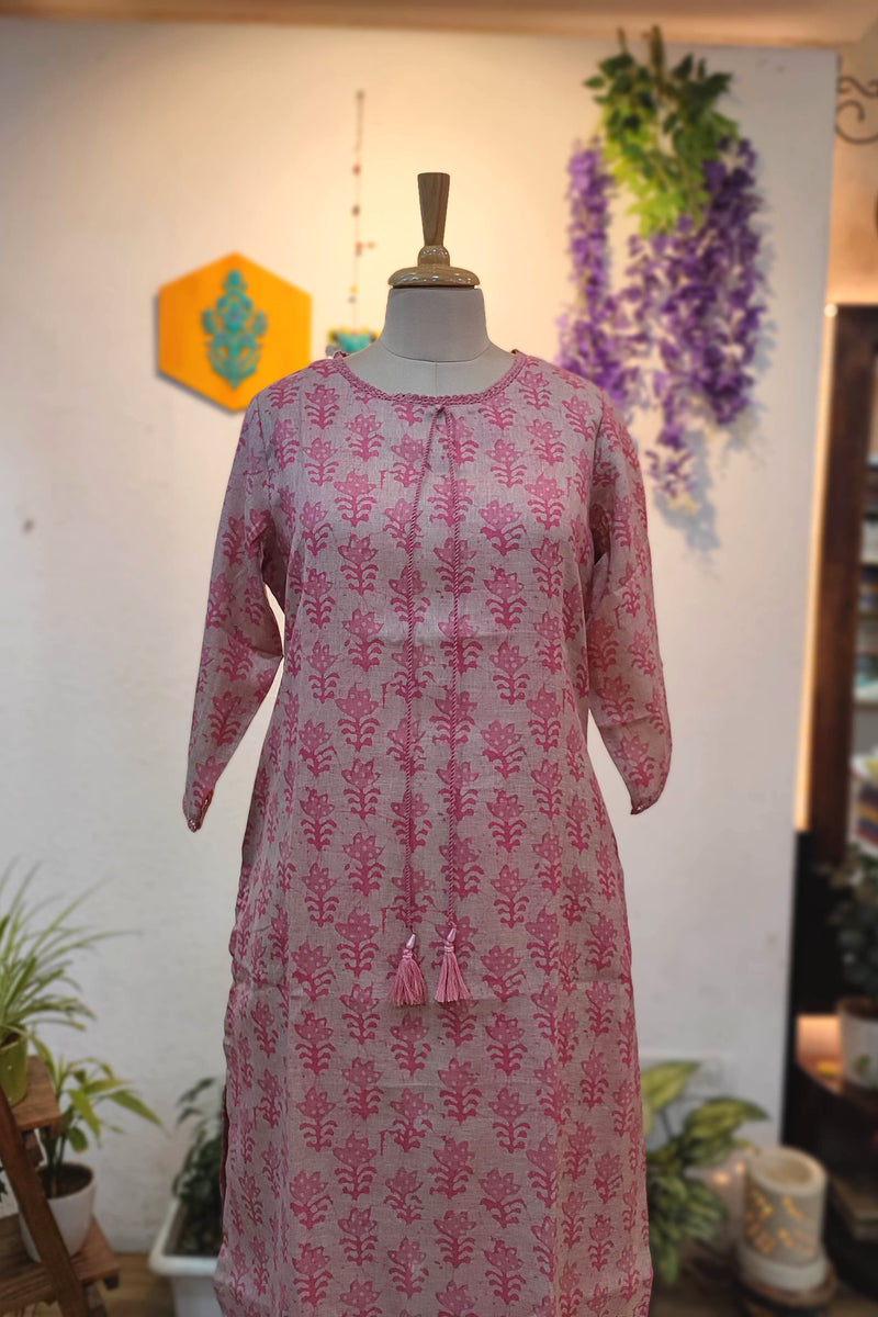 Soft Pink Floral Printed Linen Cotton Kurta Pant Set for Women with Tassel Detail | Elegant Daily Wear
