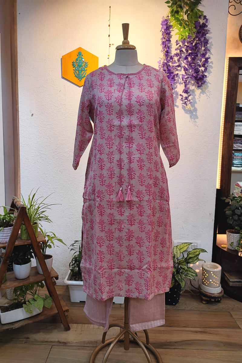 Soft Pink Floral Printed Linen Cotton Kurta Pant Set for Women with Tassel Detail | Elegant Daily Wear