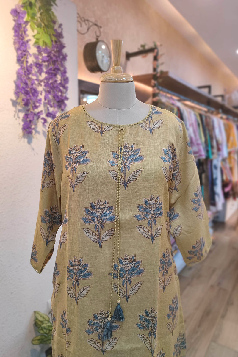 Mustard Yellow Floral Printed Linen Cotton Kurta Pant Set for Women with Tassel Detail | Elegant Ethnic Wear
