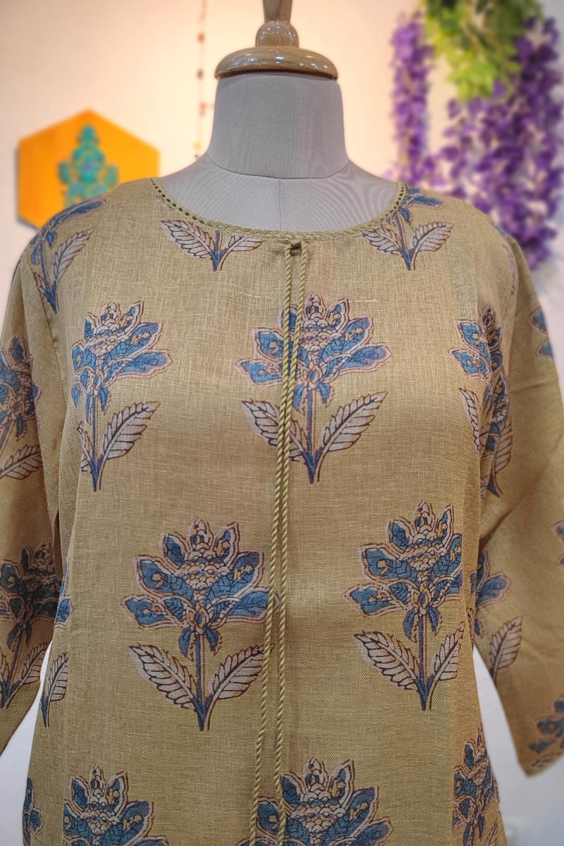 Mustard Yellow Floral Printed Linen Cotton Kurta Pant Set for Women with Tassel Detail | Elegant Ethnic Wear