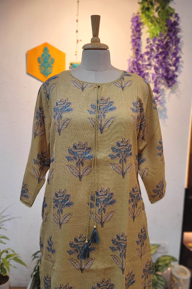 Mustard Yellow Floral Printed Linen Cotton Kurta Pant Set for Women with Tassel Detail | Elegant Ethnic Wear