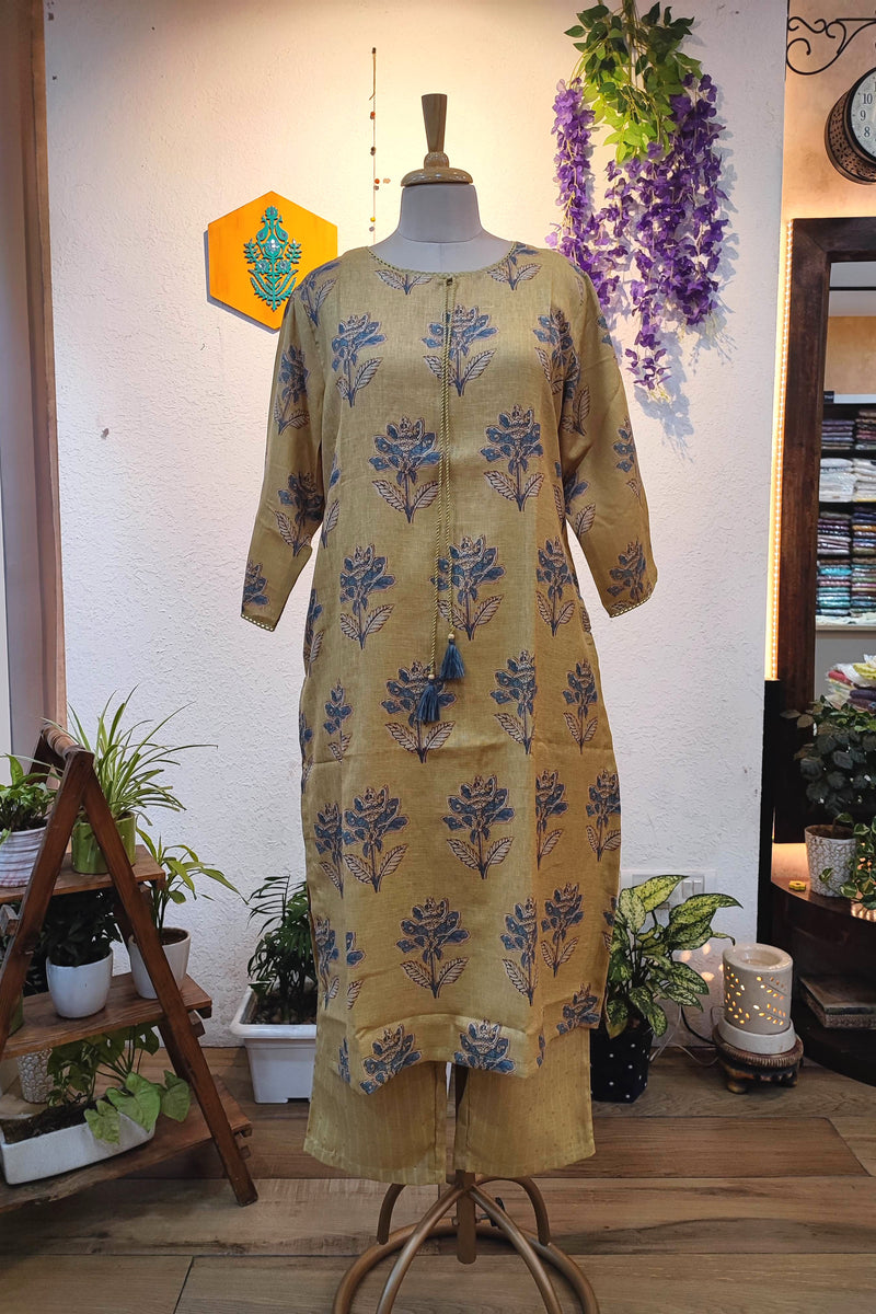 Mustard Yellow Floral Printed Linen Cotton Kurta Pant Set for Women with Tassel Detail | Elegant Ethnic Wear