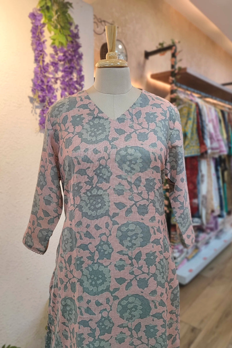 Dusty Pink & Grey Floral Printed Linen Cotton Kurta Pant Set for Women | Elegant Minimal Ethnic Wear