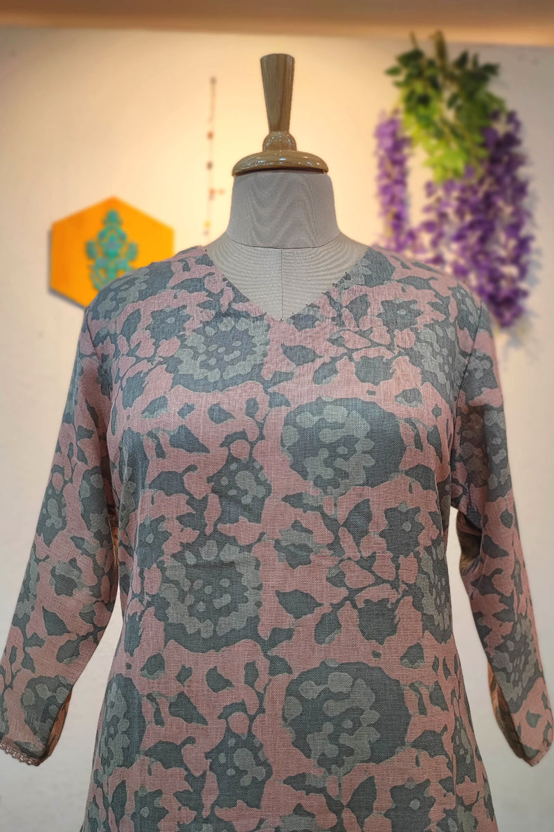 Dusty Pink & Grey Floral Printed Linen Cotton Kurta Pant Set for Women | Elegant Minimal Ethnic Wear