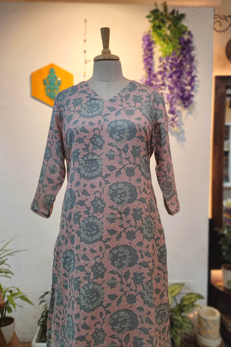 Dusty Pink & Grey Floral Printed Linen Cotton Kurta Pant Set for Women | Elegant Minimal Ethnic Wear