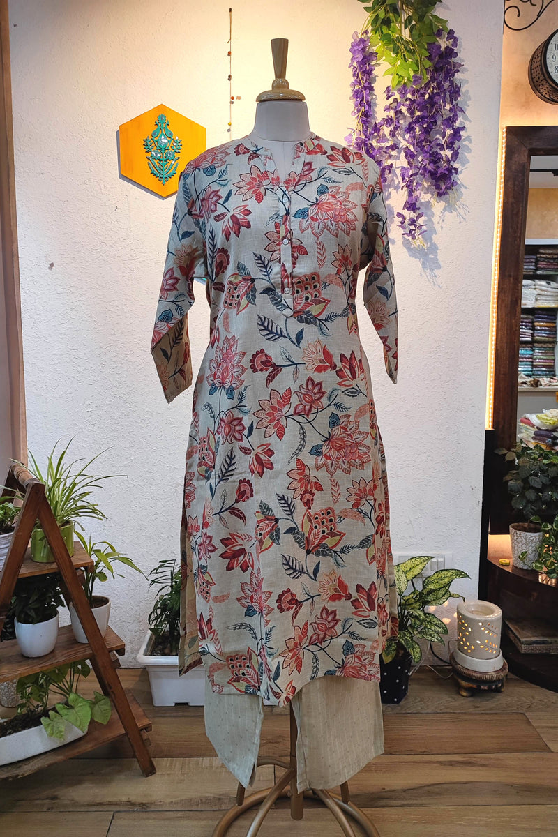 Elegant Beige Floral Printed Linen Cotton Kurta Pant Set for Women | Breathable Daily Wear Ethnic Outfit