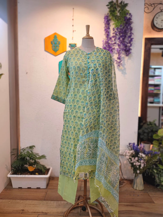 Kota Printed Ready-Made Suit Set for Women with Dupatta (Olive Green)