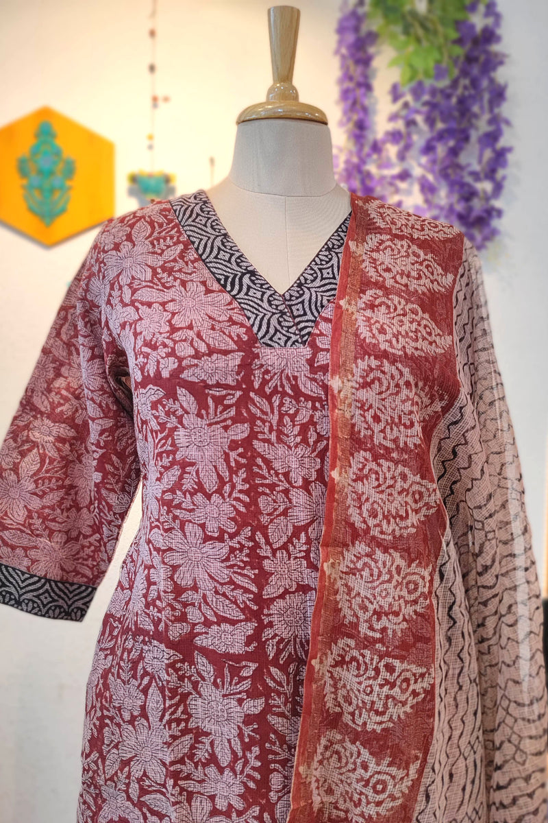 Kota Printed Ready-Made Suit Set for Women with Contrast Dupatta (Rust Red & Black)