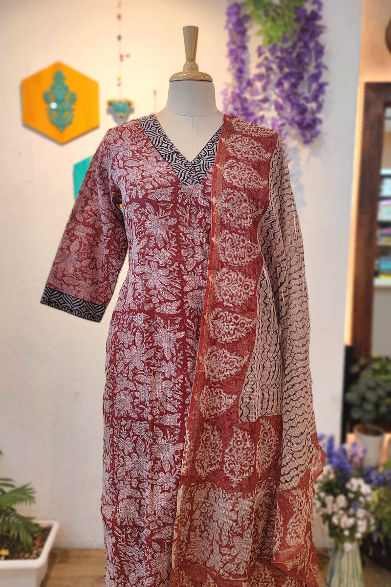 Kota Printed Ready-Made Suit Set for Women with Contrast Dupatta (Rust Red & Black)