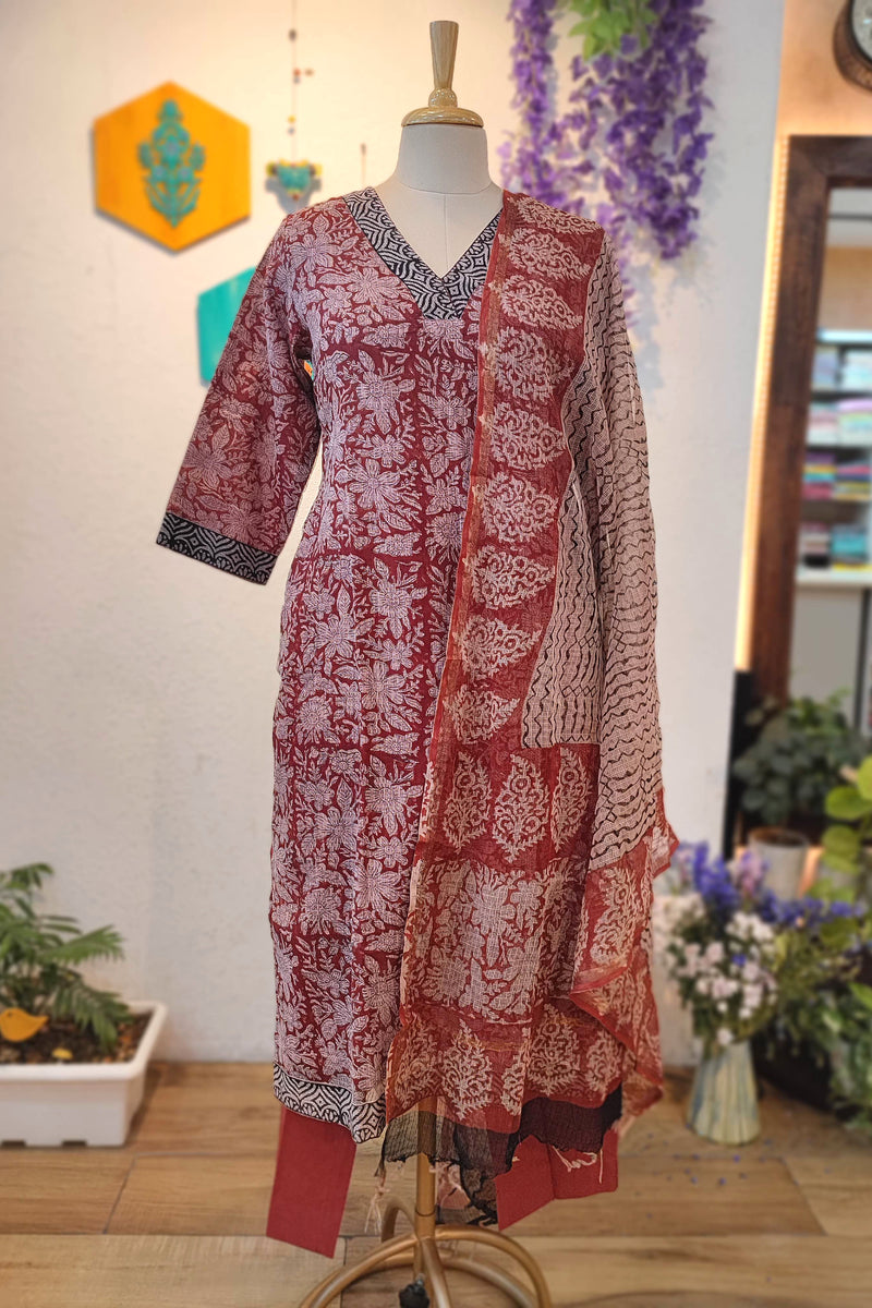 Kota Printed Ready-Made Suit Set for Women with Contrast Dupatta (Rust Red & Black)