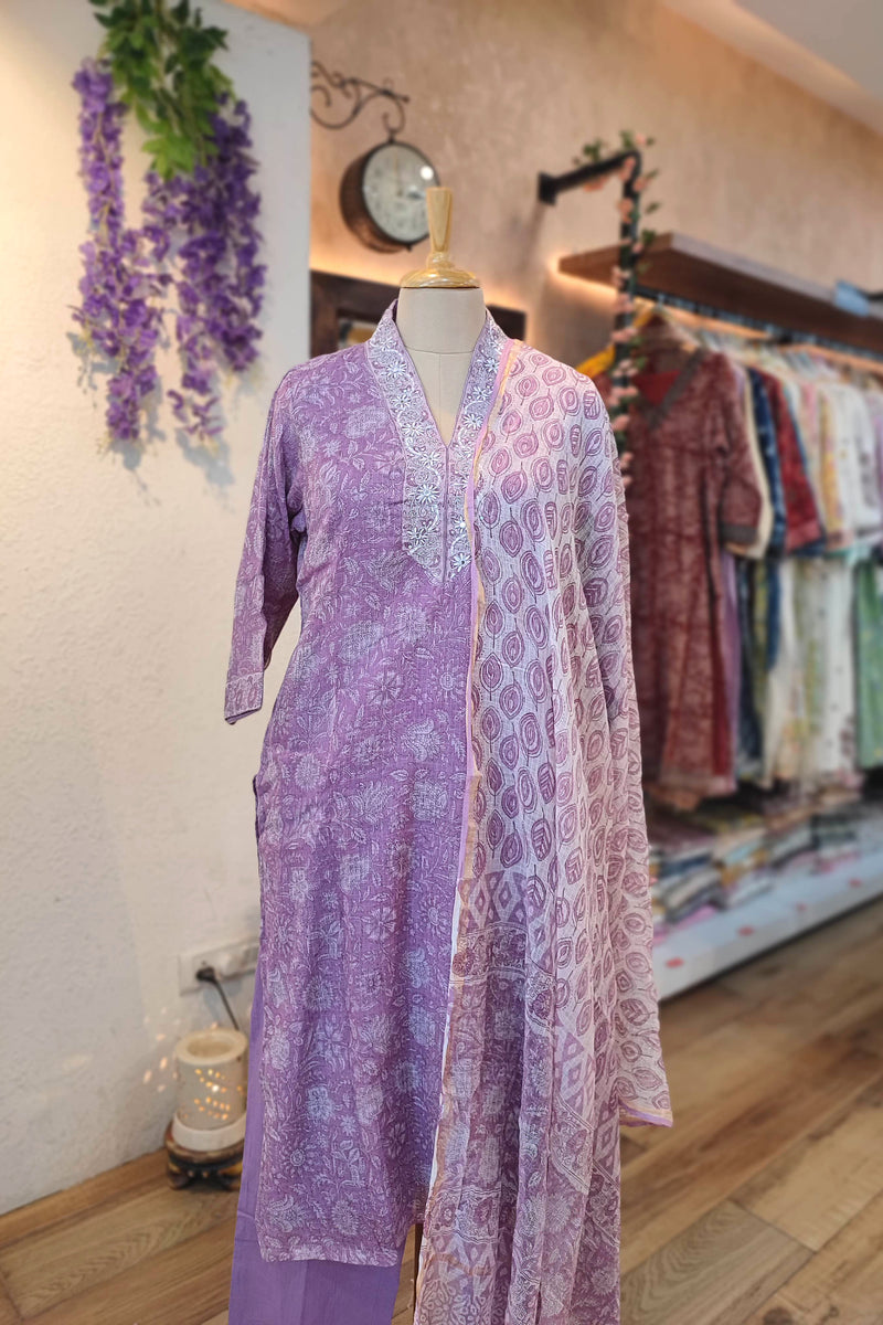 Kota Printed Ready-Made Suit Set for Women with Dupatta (Lavender Purple)