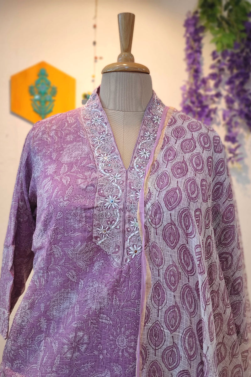 Kota Printed Ready-Made Suit Set for Women with Dupatta (Lavender Purple)