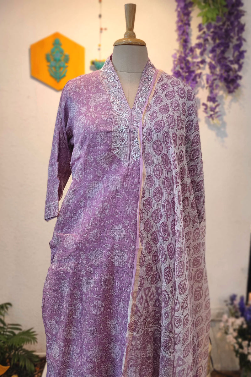 Kota Printed Ready-Made Suit Set for Women with Dupatta (Lavender Purple)