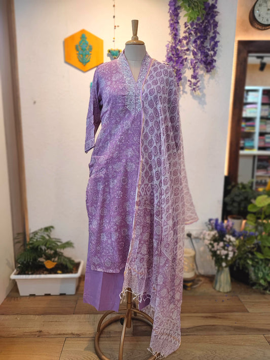 Kota Printed Ready-Made Suit Set for Women with Dupatta (Lavender Purple)