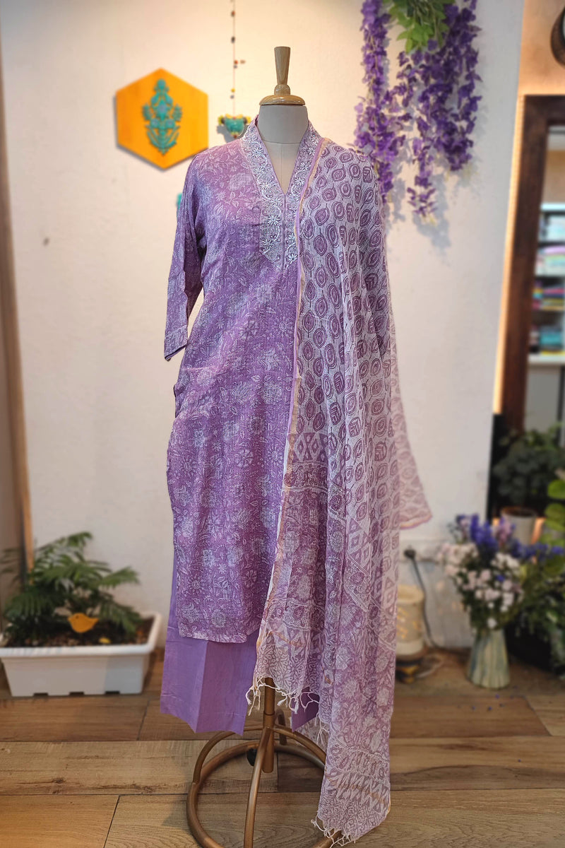 Kota Printed Ready-Made Suit Set for Women with Dupatta (Lavender Purple)