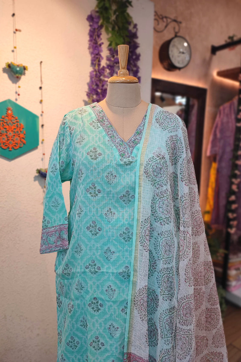 Kota Printed Ready-Made Suit Set for Women with Dupatta (Mint Green)