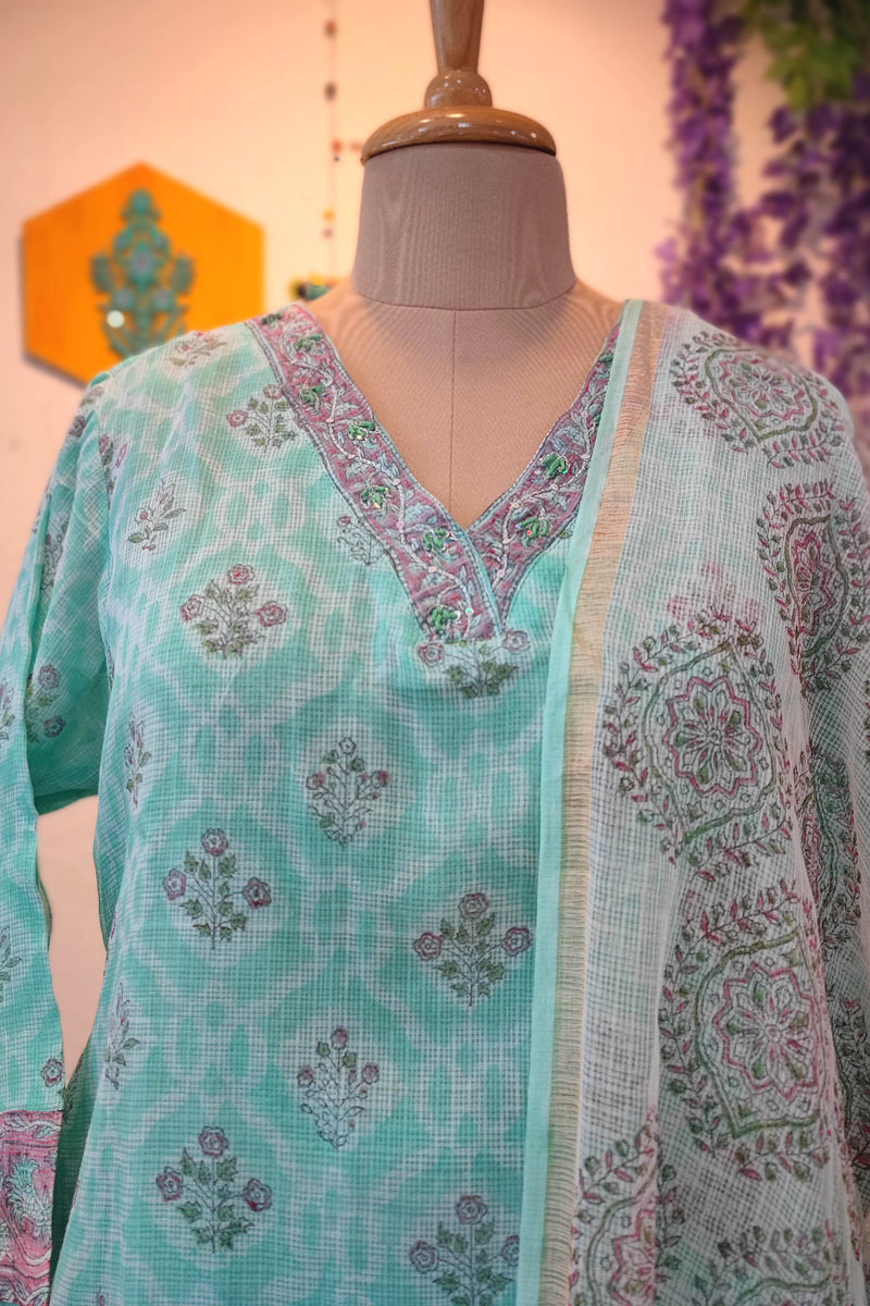Kota Printed Ready-Made Suit Set for Women with Dupatta (Mint Green)