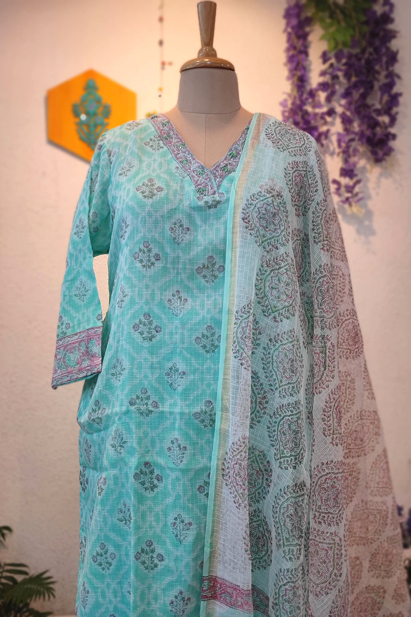 Kota Printed Ready-Made Suit Set for Women with Dupatta (Mint Green)